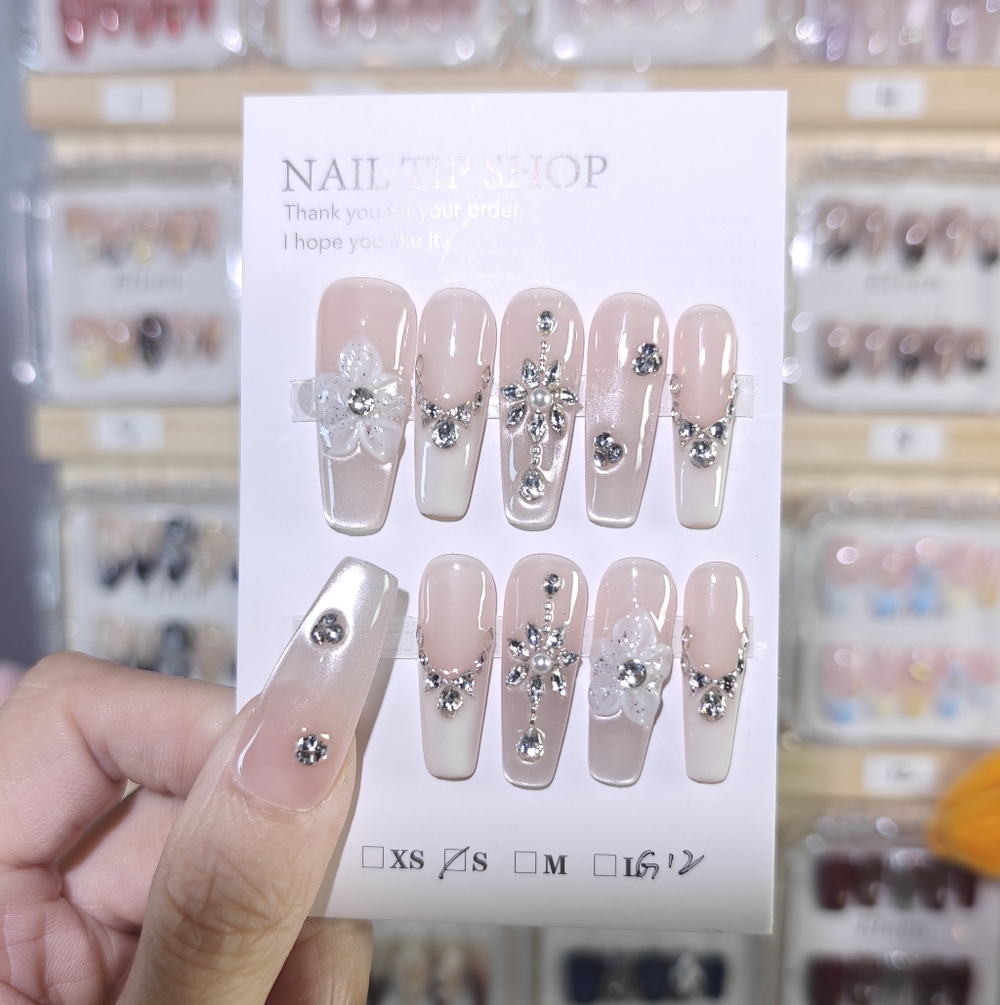 Elegant Pink and White Handmade Press On Nails With Rhinestone Long Coffin